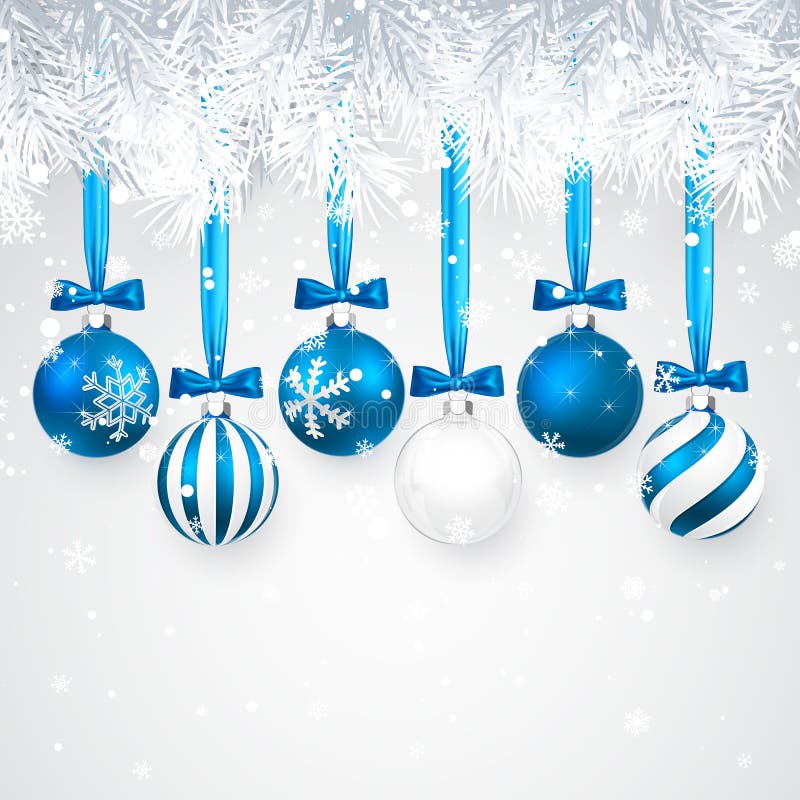 Bakgrund för jul och för nytt år med den blå julbollar, granfilialen och snö för xmas-design också vektor för coreldrawillustrati royaltyfri illustrationer
