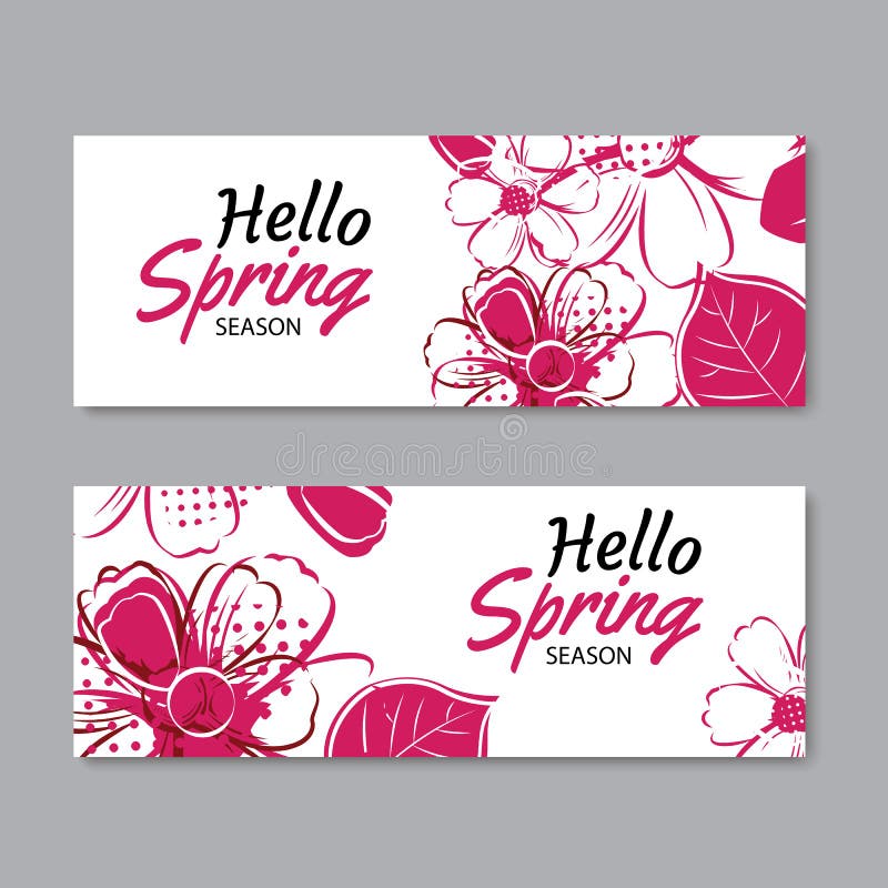 Bakgrund för mall för baner för Hello vårsäsong med färgrik flo stock illustrationer