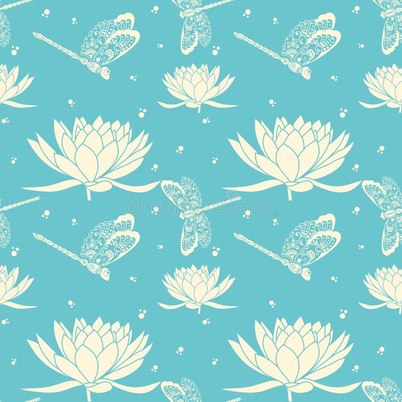 Bakgrund för modell för vektorblomma sömlös Elegant textur för bakgrunder Med slända- och lotusblommablomman stock illustrationer Bakgrund för modell för vektorblomma sömlös Elegant textur för bakgrunder Med slända- och lotusblommablomman stock illustrationer