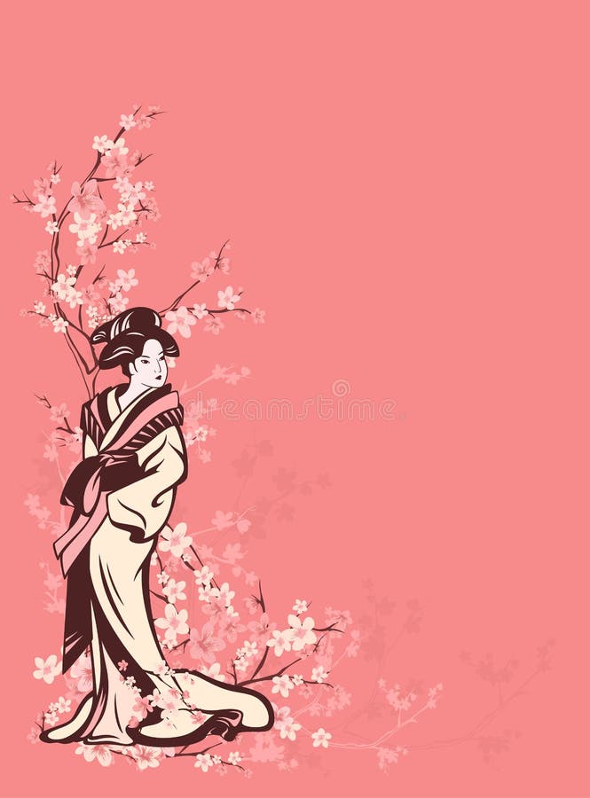 Bakgrund för vektor för vårsäsong med den japanska geishaen och sakura vektor illustrationer