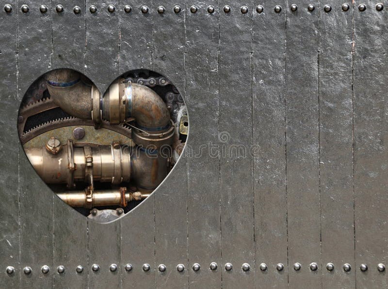Bakgrund i steampunk med hjärtformade hål i metallpaneler med nitar och rörledningsdetaljer i veteranapparaten arkivbild