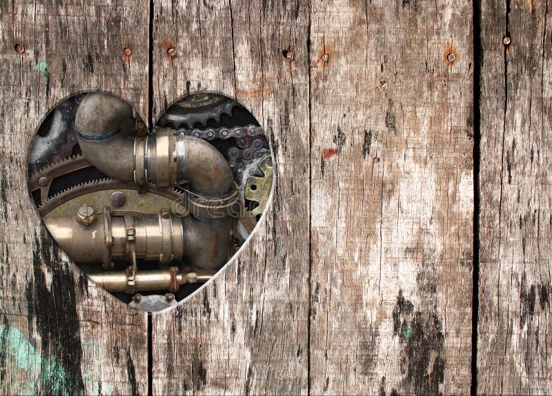 Bakgrund i steampunk med hjärtformade hål i träskivor och rörledningsväxlar för metallburkar. royaltyfri foto