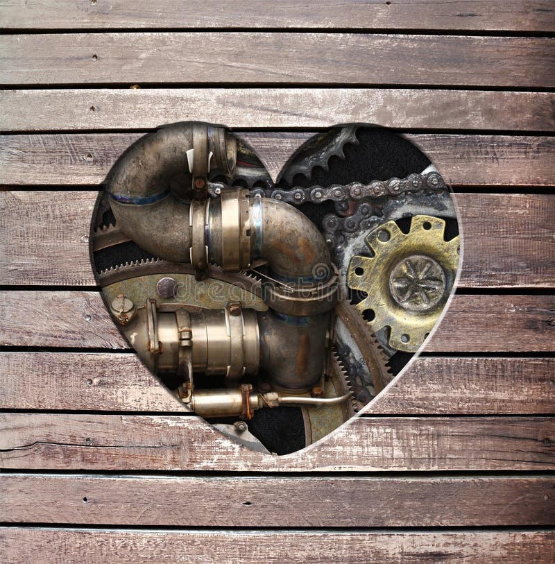 Bakgrund i steampunk med hjärtformade hål i träskivor och rörledningsväxlar för metallburkar. arkivbild