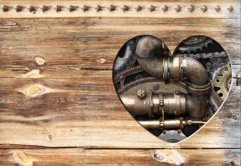 Bakgrund i steampunk med hjärtformade hål i träskivor och rörledningsväxlar för metallburkar. royaltyfria foton