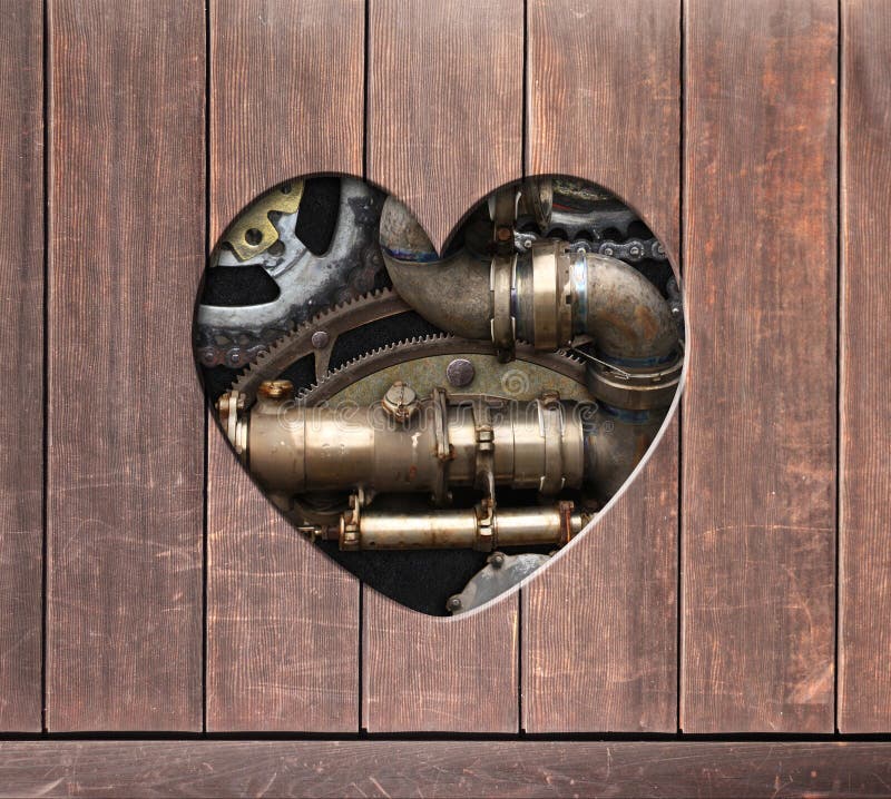 Bakgrund i steampunk med hjärtformade hål i träskivor och rörledningsväxlar för metallburkar. royaltyfri bild