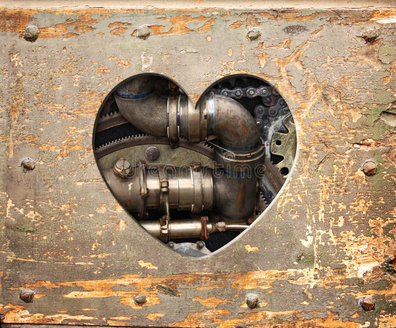 Bakgrund i steampunk med hjärtformade hål i träskivor och rörledningsväxlar för metallburkar. royaltyfri bild