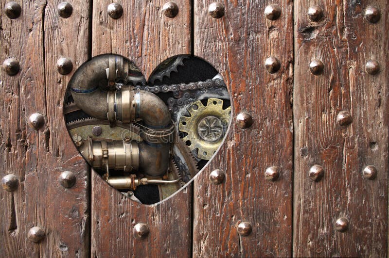 Bakgrund i steampunk med hjärtformade hål i träskivor och rörledningsväxlar för metallburkar. arkivfoton