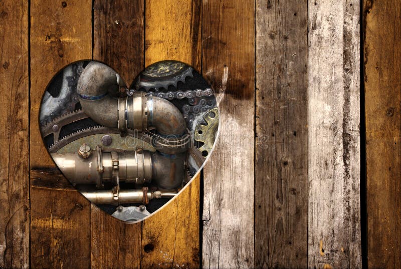 Bakgrund i steampunk med hjärtformade hål i träskivor och rörledningsväxlar för metallburkar. arkivfoto