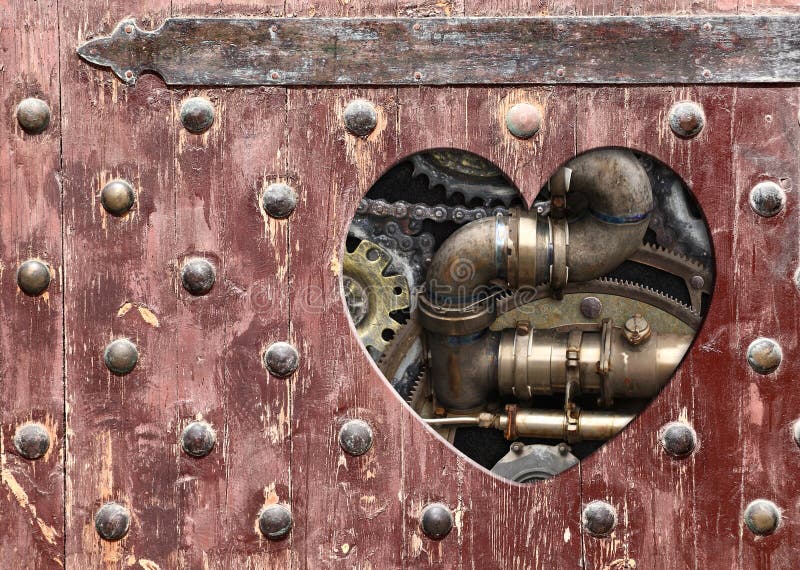 Bakgrund i steampunk med hjärtformade hål i träskivor och rörledningsväxlar för metallburkar. royaltyfri fotografi