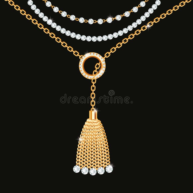 Bakgrund med den guld- metalliska halsbandet Tofs, gemstones och kedjor p? Black ocks? vektor f? r coreldrawillustration royaltyfri illustrationer