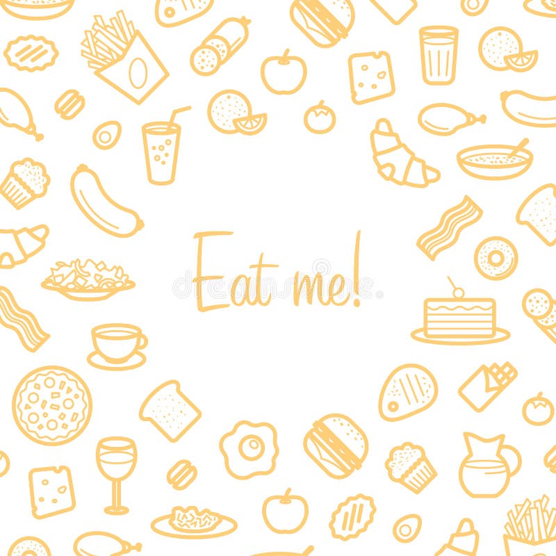 Background With Line Icons of Food Like Sausage, Cake, Donut, Croissant, Bacon, Muffins, Coffee, Salad etc. Vector Illustration. Card `Eat Me`. Background With Line Icons of Food Like Sausage, Cake, Donut, Croissant, Bacon, Muffins, Coffee, Salad etc. Vector Illustration. Card `Eat Me`.