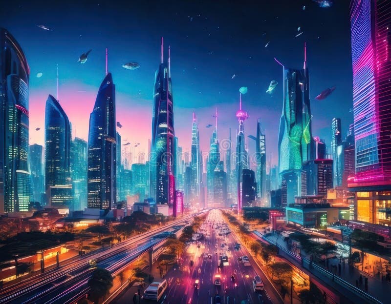 Bakgrund till en futuristisk metropolis stock illustrationer