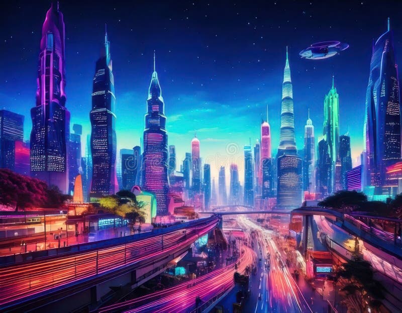 Bakgrund till en futuristisk metropolis stock illustrationer