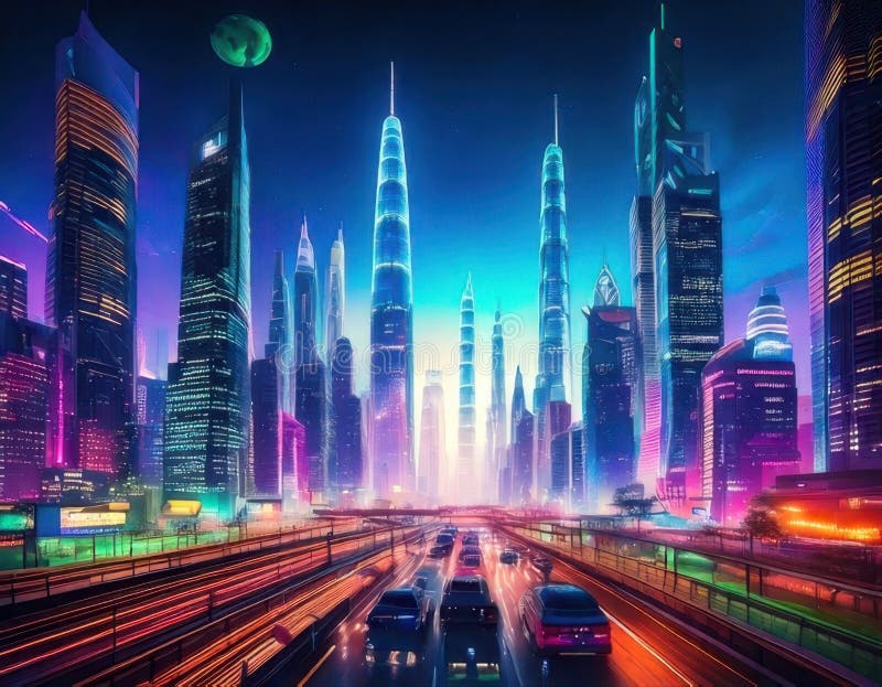Bakgrund till en futuristisk metropolis stock illustrationer