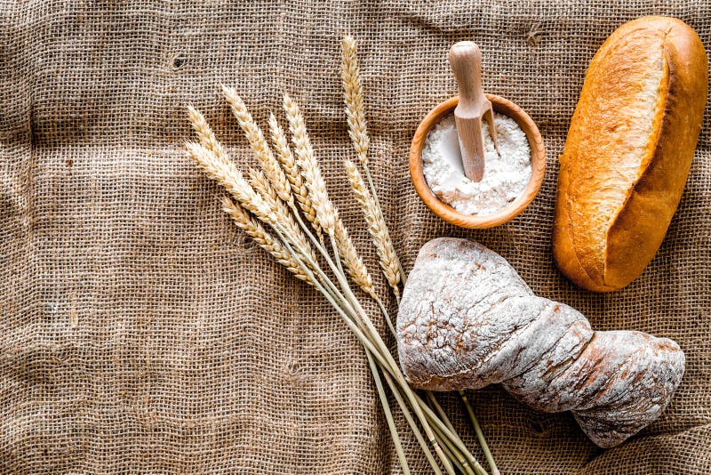 Baking Bread With Wheat Flour And Ears On Table Rystic Background Top View Mockup Stock Image ...