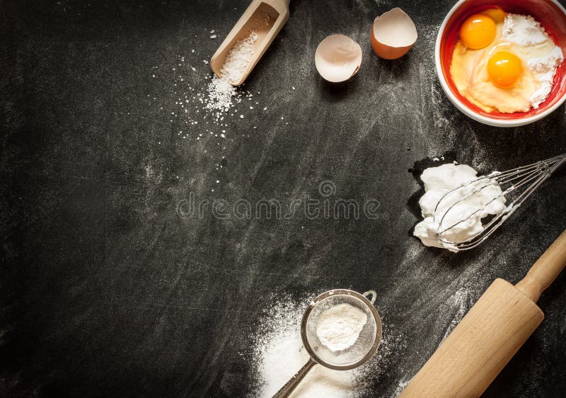 Baking cake ingredients. Bowl, flour, eggs, egg whites foam, eggbeater, rolling pin and eggshells on black chalkboard from above. Cooking course poster background - layout with free text space. Baking cake ingredients. Bowl, flour, eggs, egg whites foam, eggbeater, rolling pin and eggshells on black chalkboard from above. Cooking course poster background - layout with free text space.