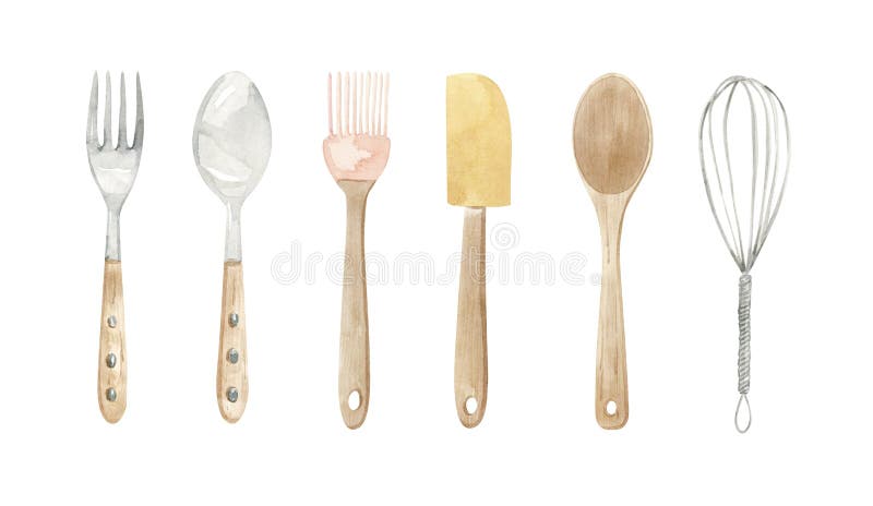 Baking equipment illustration - wooden and metal spoon, fork, spatula, whisk, brush