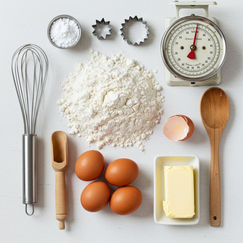 Baking essentials arranged neatly on a light surface include four brown eggs, an open royalty free illustration