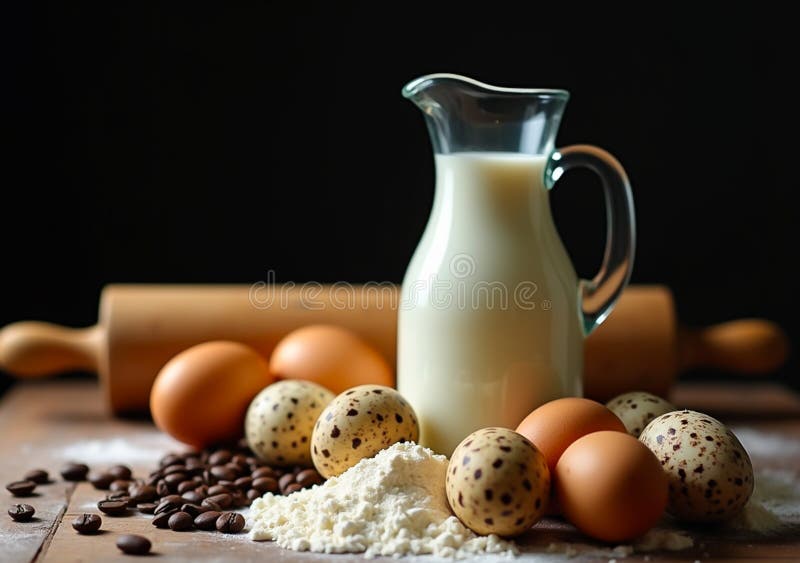 Baking Essentials: Flour, Eggs, Milk, and Coffee Beans on a Dark Background royalty free stock photos