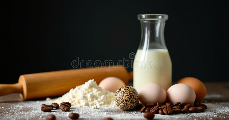 Baking Essentials: Flour, Eggs, Milk, and Coffee Beans on a Dark Background stock images