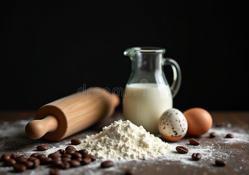 Baking Essentials: Flour, Eggs, Milk, and Coffee Beans on a Dark Background stock photo