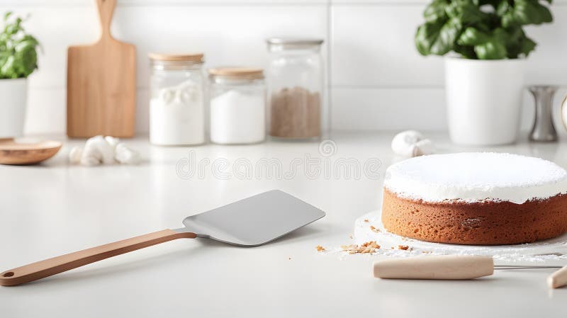 Baking Essentials on a Kitchen Counter with a Freshly Baked Cake Baking Utensils and Culinary Ingredients in a Bright och stock illustrationer