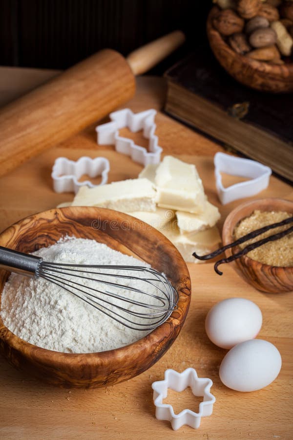 Rural Kitchen Baking Cake Ingredients and Blank Cook Book Stock Photo