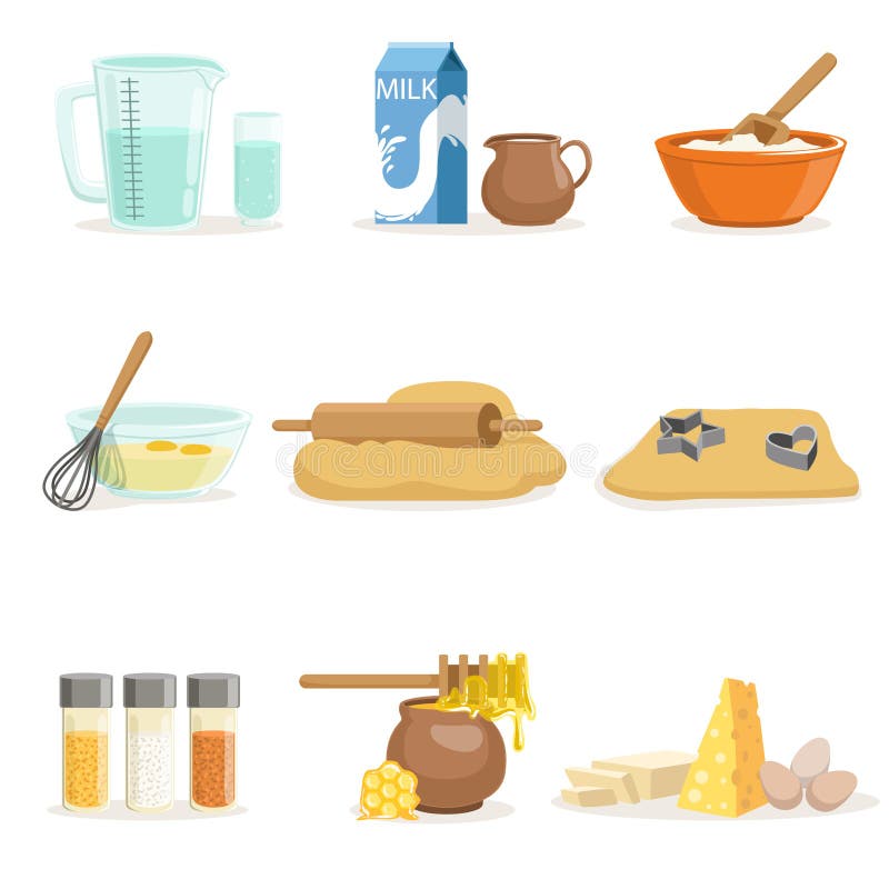 Ingrediente pentru coacere și instrumente pentru bucătărie și ustensile set de ilustrații cartografice realiste cu elemente de cof royalty free illustration