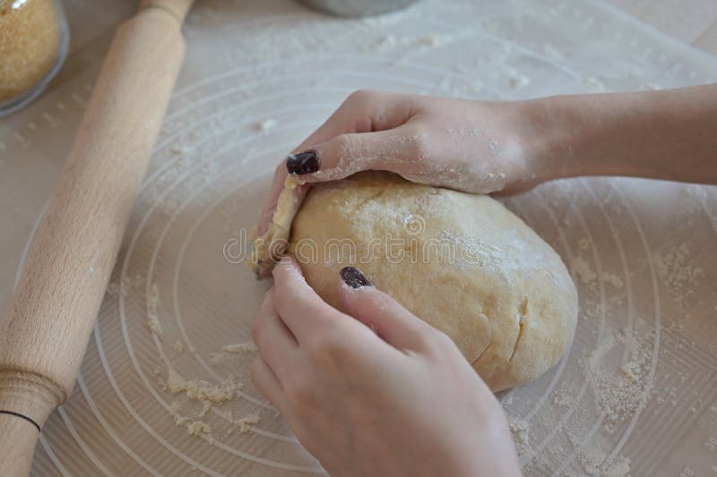 Baking Ingredients For Baking Sweet Buns Woman Hands Knead The Dough Baking Ingredients For Baking Sweet Buns Woman Hands Knead The Dough