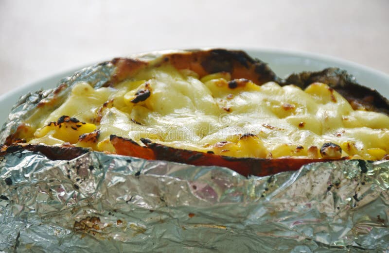 Baking Japanese Yam Stuffing Sweet Corn Seed with Cheese in Foil on