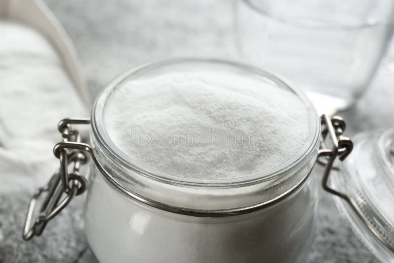 Baking Soda in Glass Jar on Table, Closeup Stock Photo Image of