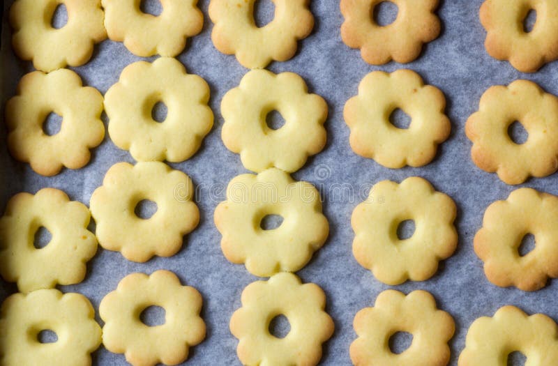 Baking tin of canestrelli biscuits stock photography