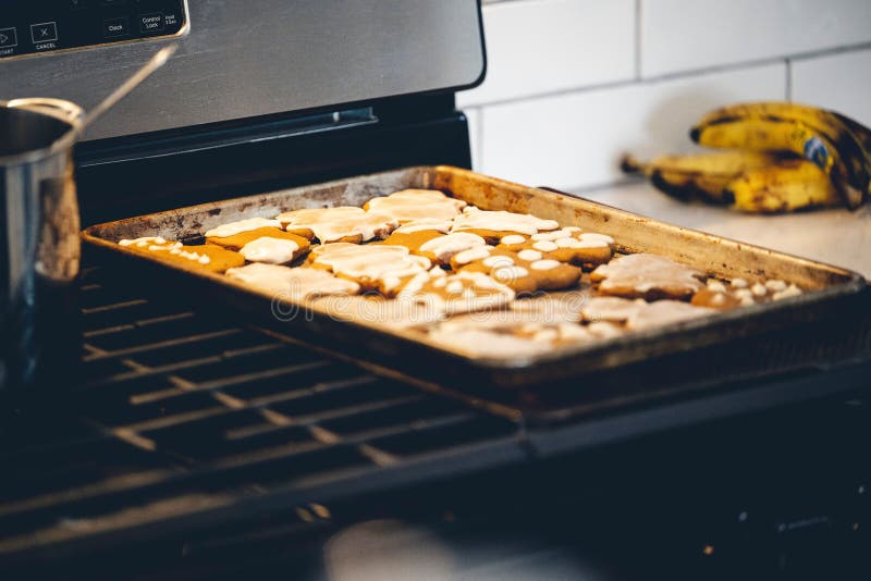 Baking Tray with Christmas Cookies on a Gas Stove. Stock Image Image