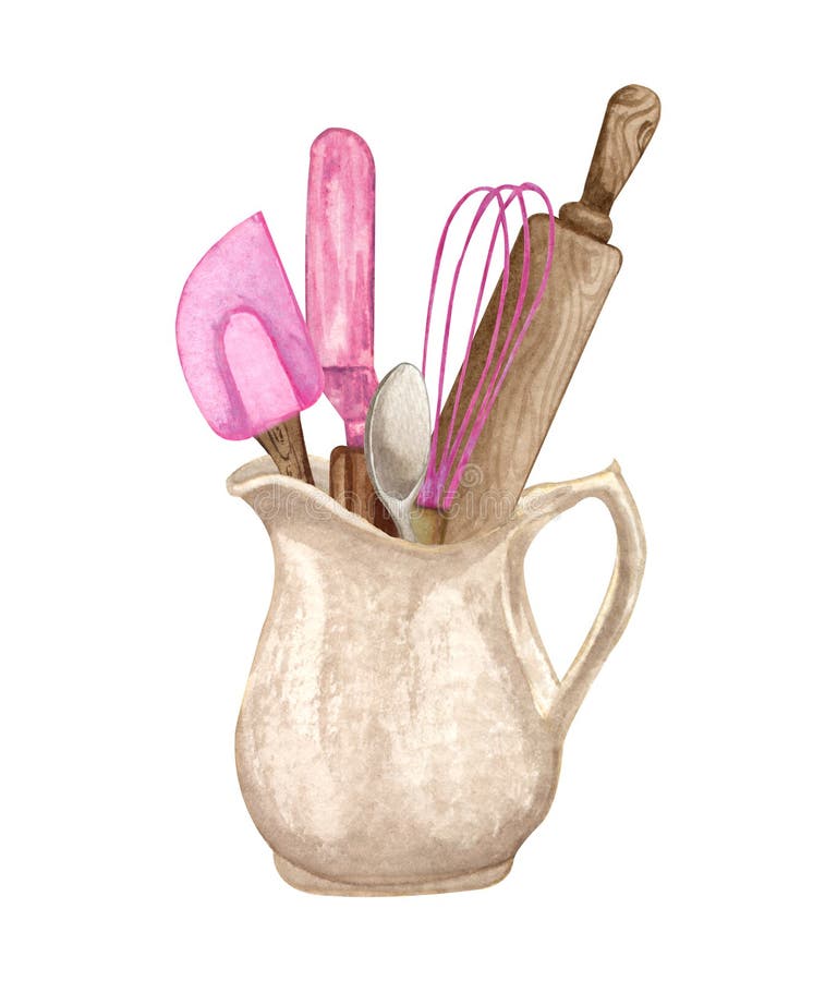 https://thumbs.dreamstime.com/b/baking-watercolor-illustration-kitchen-utensils-clay-jag-polling-pin-whisk-spoon-pink-flowers-hand-drawn-cooking-logo-245582523.jpg