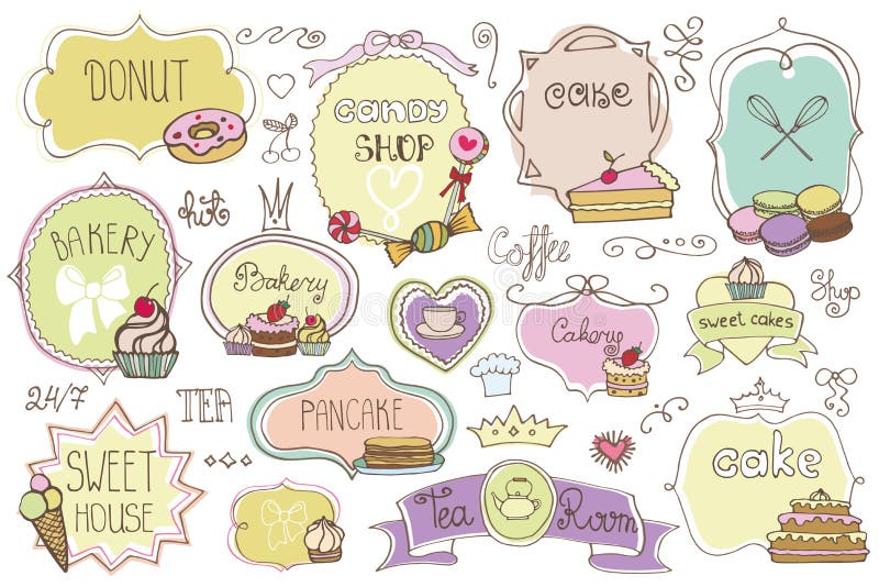 Bakkerijetiketten, kentekens setwith cakes Uitstekende krabbels vector illustratie Bakkerijetiketten, kentekens setwith cakes Uitstekende krabbels vector illustratie