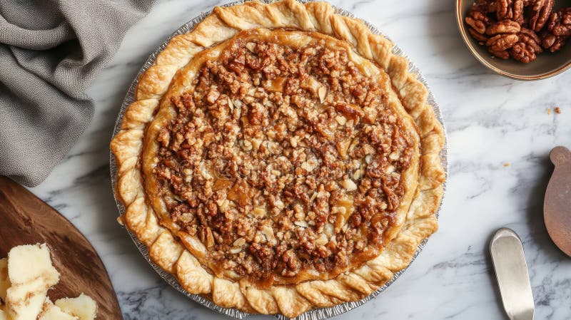Baklava-Kuchen Rustikaler, hausgemachter Pekannusskuchen auf Marmorhintergrund zur Inspiration für herbstliche Desserts lizenzfreie abbildung
