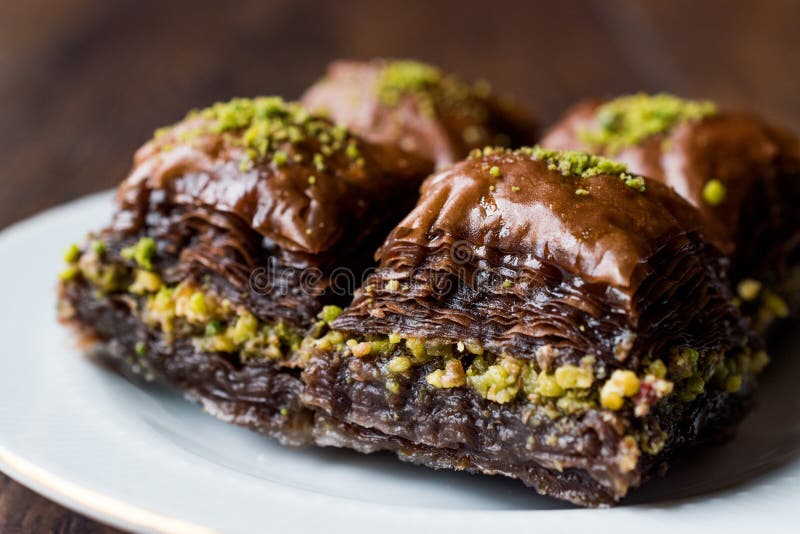 Turkish Dessert Chocolate Baklava with Pistachio. Traditional Dessert. Turkish Dessert Chocolate Baklava with Pistachio. Traditional Dessert.