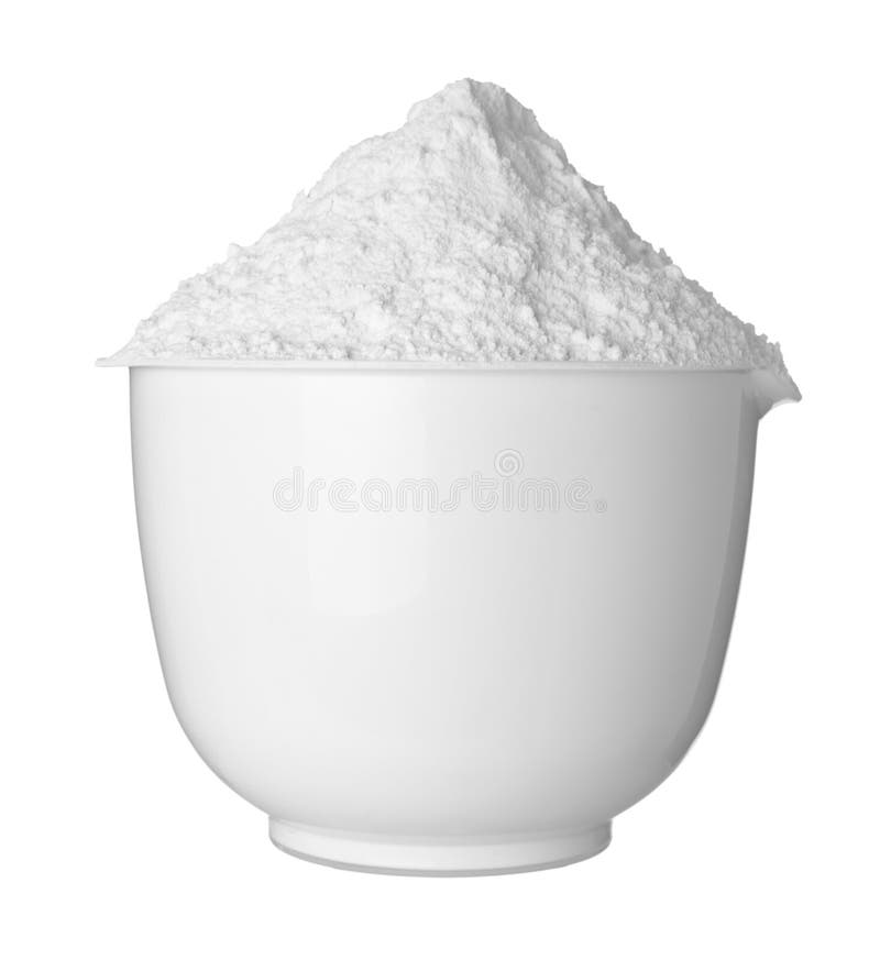 Close up of a white bowl and baking powder on white background with clipping path. Close up of a white bowl and baking powder on white background with clipping path