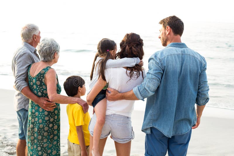 Bakre sikt av en lycklig familj som poserar på stranden arkivfoto Bakre sikt av en lycklig familj som poserar på stranden arkivfoto