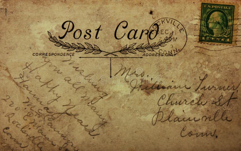 Reverse side of old post card, circa 1915. Image in vintage grunge style. Reverse side of old post card, circa 1915. Image in vintage grunge style