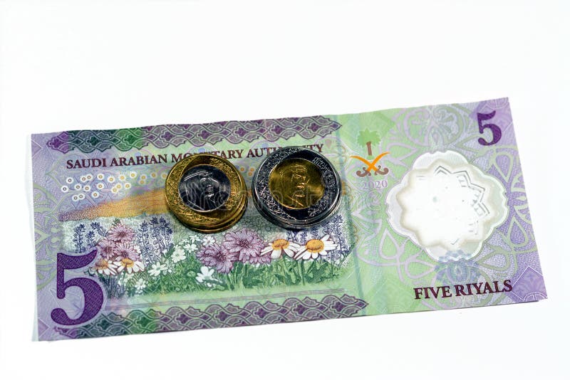 Baksidan av den nya polymeren 5 sar fem saudi arabia riyals cash money-sedel Bill series 1441 ah har ett fält av blommor royaltyfria bilder