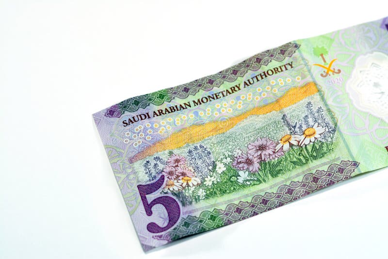 Baksidan av den nya polymeren 5 sar fem saudi arabia riyals cash money-sedel Bill series 1441 ah 2020 har ett område med fotografering för bildbyråer