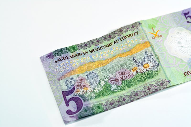 Baksidan av den nya polymeren 5 sar fem saudi arabia riyals cash money-sedel Bill series 1441 ah 2020 har ett område med royaltyfri foto