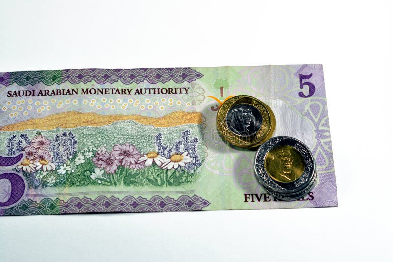 Baksidan av 5 sar fem saudi arabia riyals cash money-sedel 1438 ah har ett fält med blommor med 1 och 2 royaltyfri fotografi