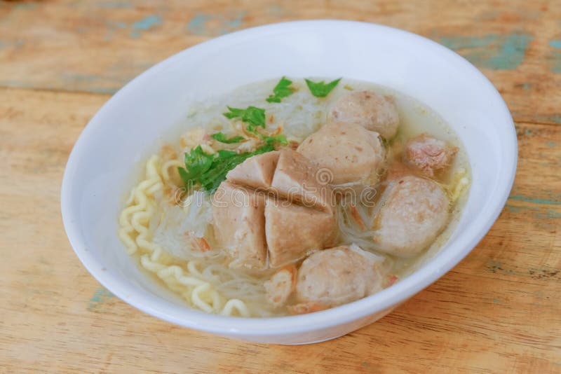 Bakso. Indonesian Meatball Served with Soup and Noodle Stock Photo