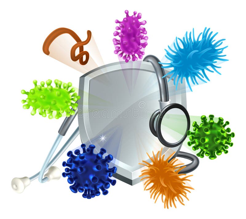 Bakterieceller från stetoskopsköld mot medicinska virus vektor illustrationer