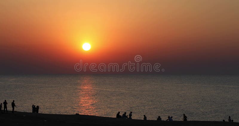 Baku, Azerbaijan - July 29, 2020: Beautiful sunset over the Caspian Sea