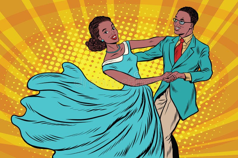 Prom, couple girl and boy dance. Pop art retro vector illustration. Waltz and music. African American people. Prom, couple girl and boy dance. Pop art retro vector illustration. Waltz and music. African American people