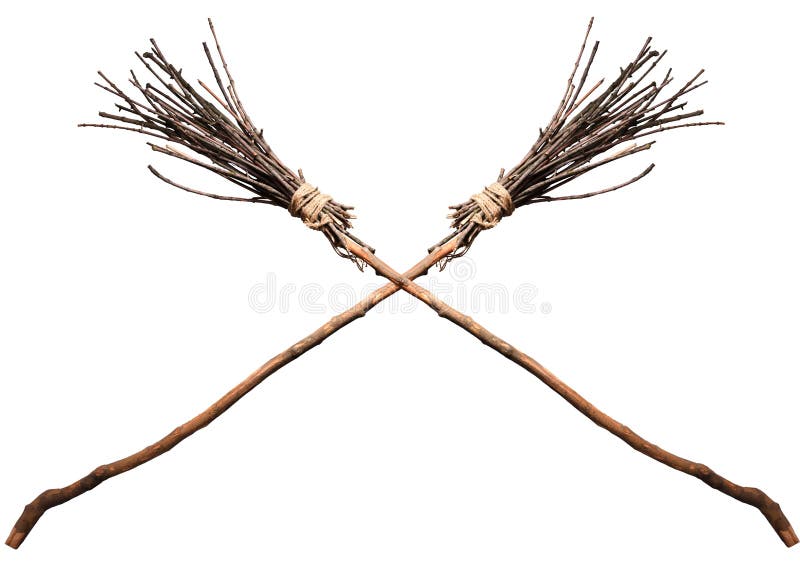 Two crossed Sloppy witches brooms made of branches, sticks and ropes. Two crossed Sloppy witches brooms made of branches, sticks and ropes