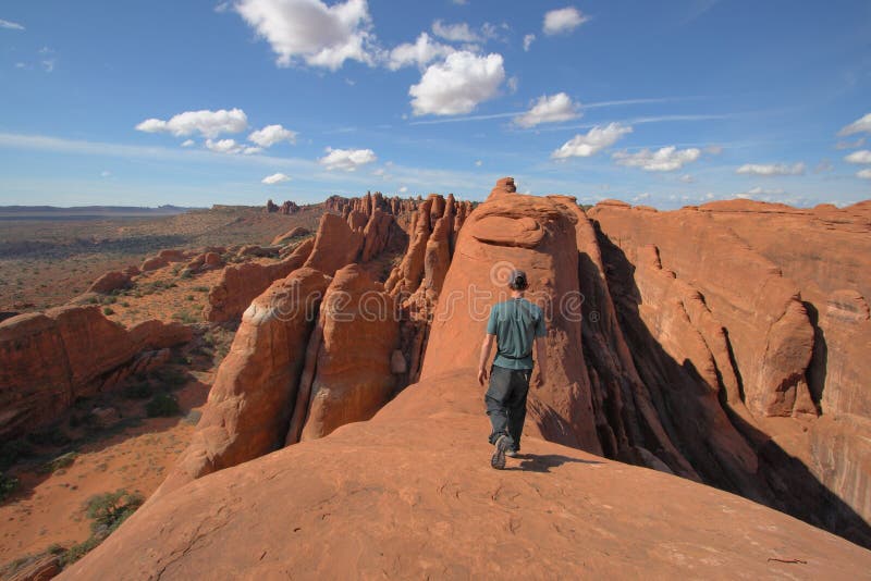 Walking along the fins in the fierry furnace, a self portrait in arches national park utah Fierry furnace. Hdr bridge stock images, royalty-free photos and pictures